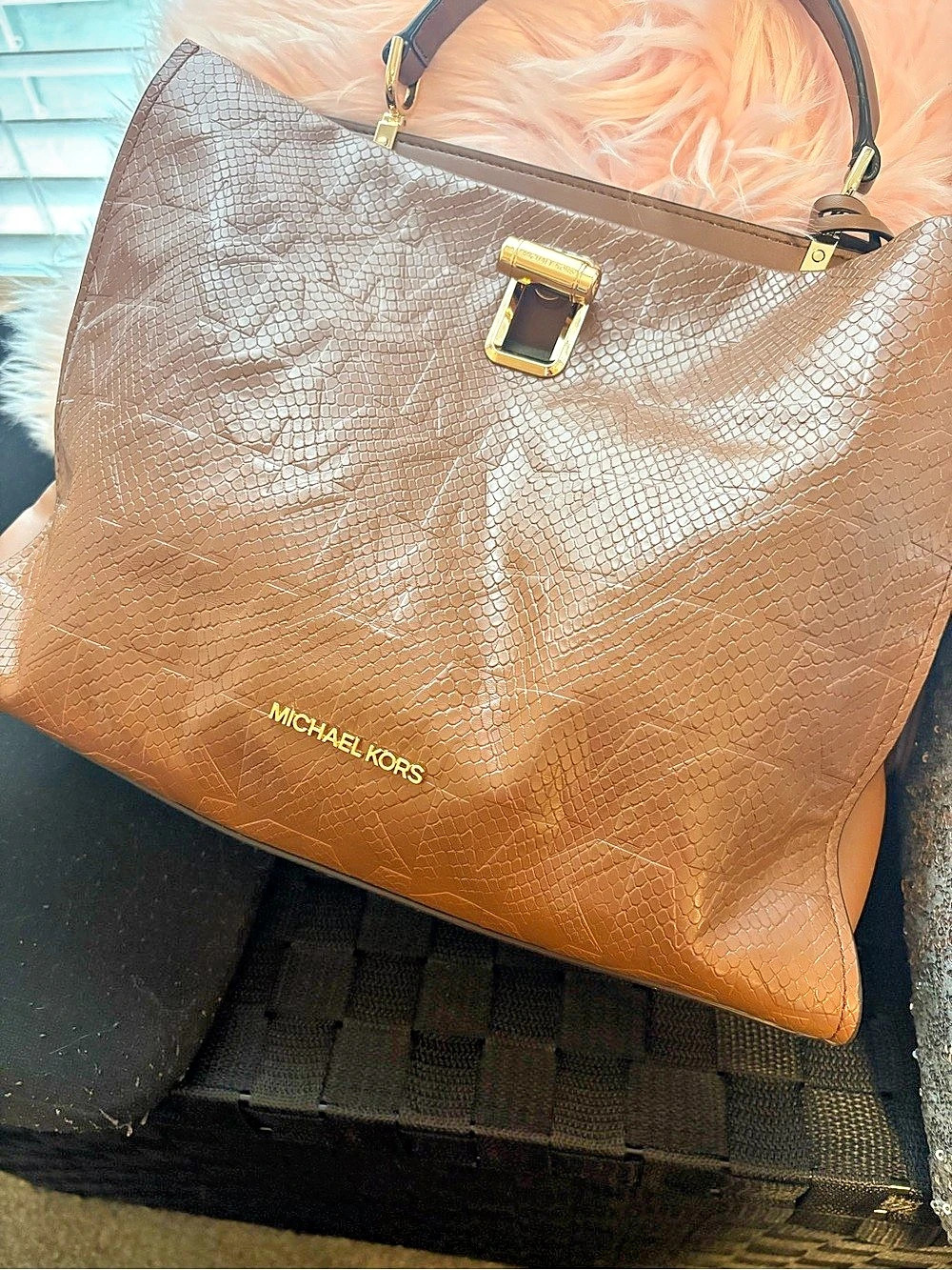 Michael Kors Structured Snake-Embossed Tote in Brown